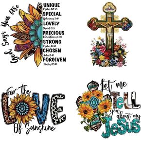 4 Packs Jesus Iron on Patches for Clothes, Large Size Jesus Clothes Patches Decorations Heat Transfer Vinyl Decals Jesus Sunflower Love Iron on Stickers Patches for T-Shirt Bag Pillow Supplies