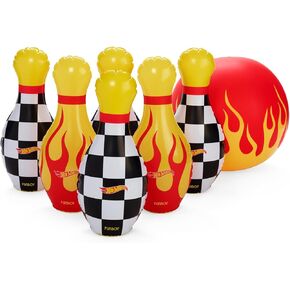 Hot Wheels & FUNBOY Inflatable Checkered Flame Kids Backyard Bowling Set with Large Ball and Six Bowling Pins