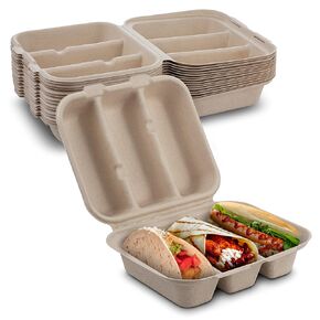 MT Products Taco Container - 15 Pieces Disposable Pulp Fiber 3 Compartment Taco Holder with Lid - Size 8" x 7" x 3" Keeps Taco Upright