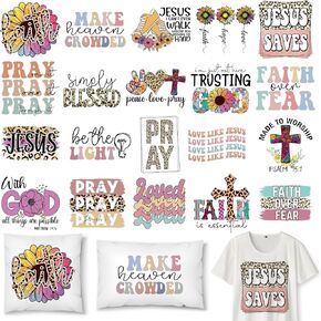 AnyDesign 20 Sheets Jesus Iron on Stickers Christian Heat Transfer Vinyl Decals Assorted Pray Faith Words Printed HTV Craft Vinyl for Clothing T-Shirts DIY Fabric, AD4055