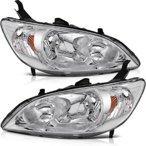 For Civic Headlights From LSAILON Headlight Assembly Replacement Fit 2004-2005 For Honda Civic Chrome Housing Amber Reflector