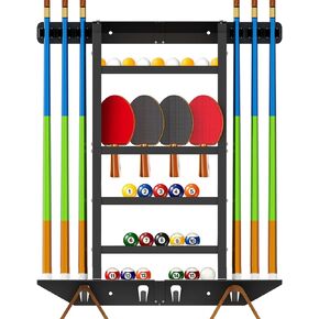 Metal Pool Stick Holder Wall Mount, Pool Cue Rack & Ping Pong Paddle Holder, Holds 6 Cue Sticks & Full Set of Pool Balls, 4 Ping Pong Paddles & 8 Balls, Pool Cue Holder for Home Billiard Room