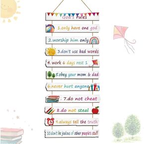 Bucherry God Rules Sign Wall Decor 11 Pieces Wooden Hanging Wall Art Inspirational Religious Art Wall Decors Ten Commandments for Kids Bedroom Classroom Playroom Decor Christian Gift
