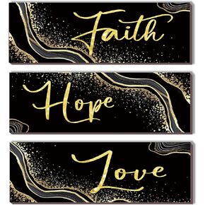 DONFENTHY 3 PCS Black Gold Wall Decor Inspirational Black Gold Bathroom Decor Black Gold Marble Hope Love Faith Positive Word Wooden Wall Art For Home Bedroom Living Rooms Office(Black Gold 12x4)
