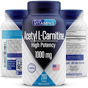 Acetyl L-Carnitine 1000mg Capsules - 200 Easy to Swallow Veggie Capsules - Acetyl l Carnitine Supplement Helps Support Focus, Brain Function, and Energy