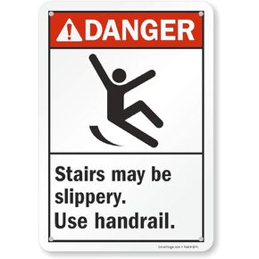 SmartSign 10 x 7 inch “Danger - Stairs May Be Slippery, Use Handrail" ANSI Metal Sign, 40 mil Laminated Rustproof Aluminum, Red, Black and White, Made in USA