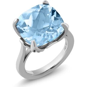 Gem Stone King 925 Sterling Silver Sky Blue Topaz Engagement Ring For Women (9.18 Cttw, 14MM Cushion Checkerboard, Available in Size 5,6,7,8,9)