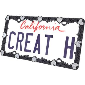 Creathome 3D Shining Daisy Heart License Plate Frame from Pure Zinc Alloy Metal Perfect Plate Holder, Matt Black with Blue Glitter, Luminously Heart