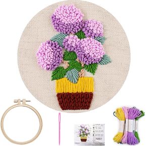 FONNUY Embroidery Kit for Beginners，3D Plants Flowers Pre-Stamped Pattern Kits Brightly Colored for Adults with Hoop (Pink Rose)