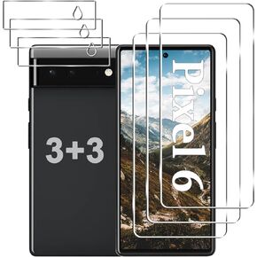 [3+3 Pack] Pixel 6 Screen Protector + Camera Lens Protector, HD Tempered Glass Film, Fingerprint Unlock, Anti-Scratch, Easy Installation, Bubble Free, 9H Glass Screen Protector for Google Pixel 6 5G