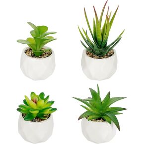 4Pcs Artificial Plants Succulent in Black Ceramic Pots, Small Fake Plants for Office Desk,Window sill, Bathroom, Living Room Aesthetic Decor