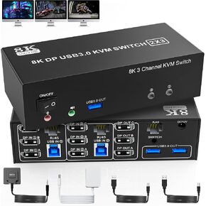 محول 8K@60 هرتز USB3.0 KVM 3 شاشات 2 جهاز كمبيوتر 4K@144 هرتز، DP1.4 Displayport KVM Switch شاشة ثلاثية لجهازي كمبيوتر مشاركة 3 شاشات، موزع RJ45 Ethernet 1 إلى 2، منفذ ميكروفون صوتي و3 أجهزة USB3.0 in Kuwait