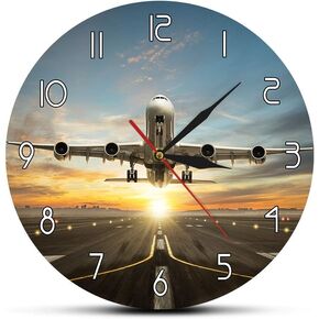 Huge Two Storeys Commercial Jetliner Silent Quartz Printed Wall Clock Commercial Airplane Taking of Runway in Dramatic Sunset Light Modern Home Decor