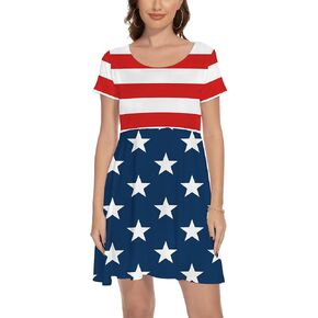 July 4th Women American Flag Independent Day Short Sleeve A-Line Printed Vintage Party Dress