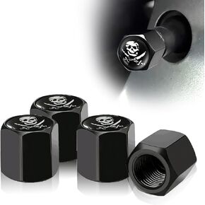4 PCS Pirate Skull Tire Wheel Stem Caps, Dustproof Seal Cover Hexagon Tyre Valve Cap with Rubber Ring (Black & White)