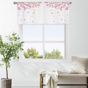 Pink Floral Valance Curtains for Kitchen Flower White Cherry Blossom Girls Women Plant Botanical Cute Small Rod Pocket Panel Window Treatments for Living Room Bedroom Bathroom (52 x 18 Inch)