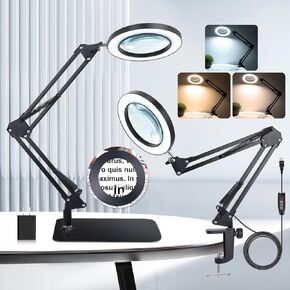 10X 15X Magnifying Glass with Light and Stand and Clamp, 2-in-1 Desk Magnifier for Reading 3 Color Modes Lighted Magnifying Glass with Stand, Adjustable Height Magnifying Light for Crafts Hands Free