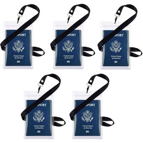Neck Lanyard and Transparent Passport ID Badge Holder XL 6x4 - 5 Pack Bundle - Also for Cash, Credit Card, Plane Ticket, etc - Essential 'Handsfree' Travel Accessory - Black by Safe Flight