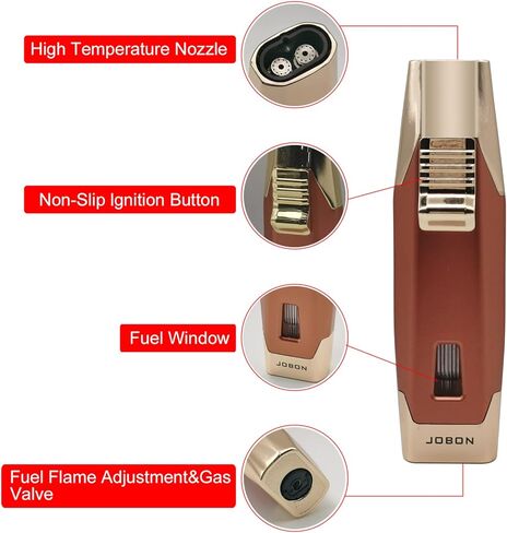 JOBON Torch Lighter, Adjustable Double Jet Flame Refillable Lighter with Gas Window for Candle Grill Baking Camping (Butane Not Included) (Gold) in Kuwait