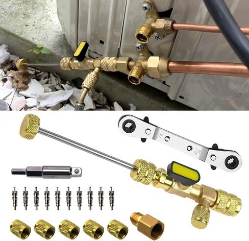 RYANSTAR RACING HVAC Service Wrench and Valve Core Remover Installer Tool Set with Hex Bit Adapter, Dual Size SAE 1/4 & 5/16 Port, 10 PCS Valve Cores with Teflon Seal, 5 PCS Brass Nuts for HVAC Repair in Saudi Arabia