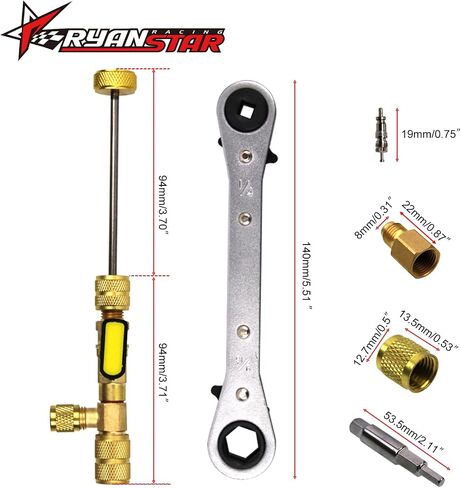 RYANSTAR RACING HVAC Service Wrench and Valve Core Remover Installer Tool Set with Hex Bit Adapter, Dual Size SAE 1/4 & 5/16 Port, 10 PCS Valve Cores with Teflon Seal, 5 PCS Brass Nuts for HVAC Repair in Saudi Arabia