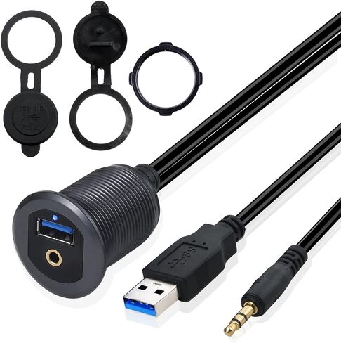 MysRuida USB 3.0 & 3.5mm TRS Mount with Light, 3.3ft USB 3.0 Male to Female & 3.5mm Male to Female Flush Panel Dashboard Mount Extension AUX Cable for Car Truck Boat Motorcycle, Metal Shell, Gray in Kuwait