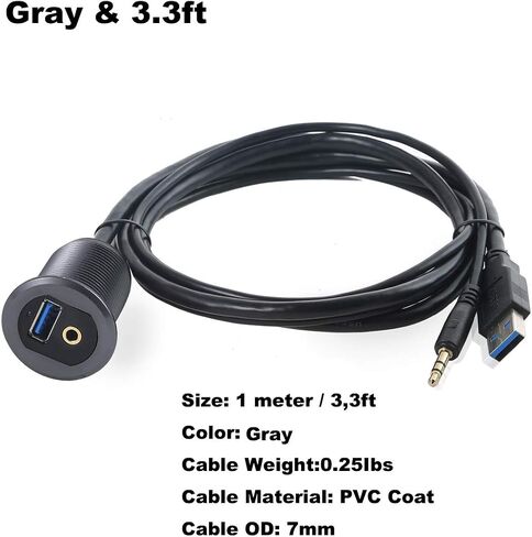 MysRuida USB 3.0 & 3.5mm TRS Mount with Light, 3.3ft USB 3.0 Male to Female & 3.5mm Male to Female Flush Panel Dashboard Mount Extension AUX Cable for Car Truck Boat Motorcycle, Metal Shell, Gray in Kuwait