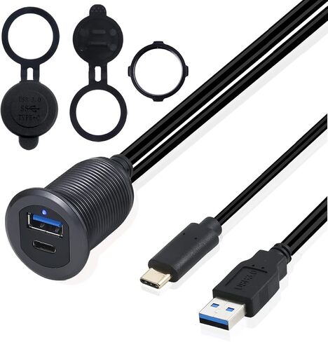 MysRuida USB 3.0 & 3.5mm TRS Mount with Light, 3.3ft USB 3.0 Male to Female & 3.5mm Male to Female Flush Panel Dashboard Mount Extension AUX Cable for Car Truck Boat Motorcycle, Metal Shell, Gray in Kuwait
