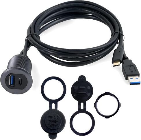 MysRuida USB 3.0 & 3.5mm TRS Mount with Light, 3.3ft USB 3.0 Male to Female & 3.5mm Male to Female Flush Panel Dashboard Mount Extension AUX Cable for Car Truck Boat Motorcycle, Metal Shell, Gray in Kuwait
