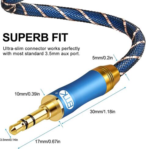 AUX Cable,EMK 3.5mm Nylon Braided Auxiliary Audio Cable [24KGold-Plated,Hi-fi Sound Quality] Tangle-Free AUX Cable for Headphones,Laptop,Phones,Tablets,MP3 Players,Car Stereos and More (3.3ft/1m) in Saudi Arabia