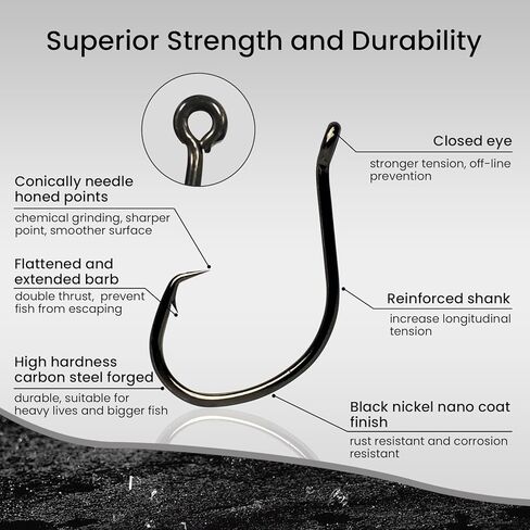 25 حزمة خطافات دائرية، خطافات صيد منقار من الفولاذ عالي الكربون للمياه العذبة المالحة، مجموعة خطافات صيد كبيرة دودة، خطافات صيد شائكة قوية لسمك السلمون المرقط، ألعاب الصيد in Kuwait