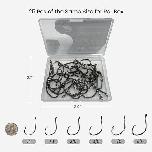 25 حزمة خطافات دائرية، خطافات صيد منقار من الفولاذ عالي الكربون للمياه العذبة المالحة، مجموعة خطافات صيد كبيرة دودة، خطافات صيد شائكة قوية لسمك السلمون المرقط، ألعاب الصيد in Kuwait