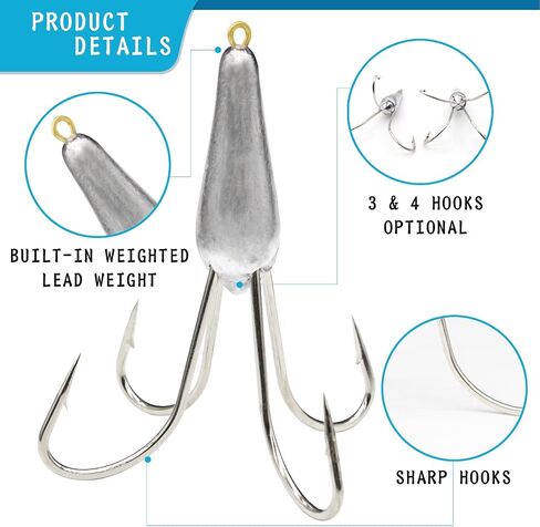 Fishing Hooks Snagging Hooks Snagging Weighted Treble Hooks Large Treble Bunker Hook for Bass Fishing(1.05oz/1.76oz/2.46oz) in Saudi Arabia