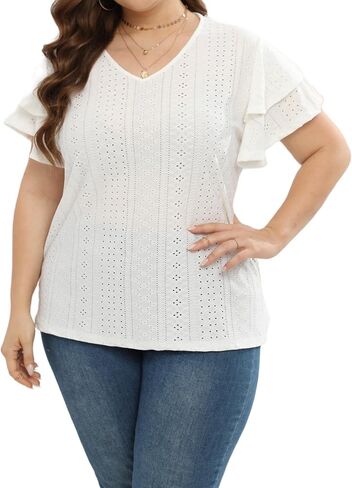 Womens Plus Size Tops Summer Casual V Neck Short Ruffle Sleeve T Shirts Loose Fit Eyelet Hollow Out Blouse 1X-5X in Saudi Arabia