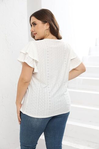 Womens Plus Size Tops Summer Casual V Neck Short Ruffle Sleeve T Shirts Loose Fit Eyelet Hollow Out Blouse 1X-5X in Saudi Arabia