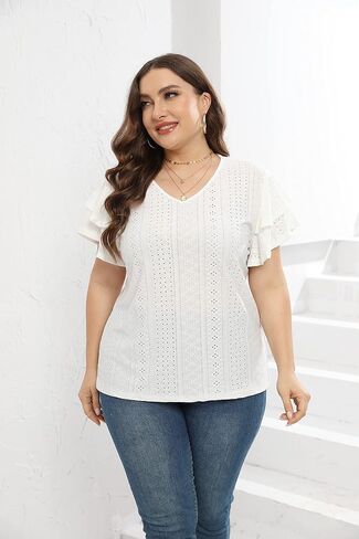 Womens Plus Size Tops Summer Casual V Neck Short Ruffle Sleeve T Shirts Loose Fit Eyelet Hollow Out Blouse 1X-5X in Saudi Arabia