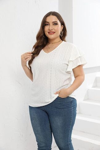 Womens Plus Size Tops Summer Casual V Neck Short Ruffle Sleeve T Shirts Loose Fit Eyelet Hollow Out Blouse 1X-5X in Saudi Arabia