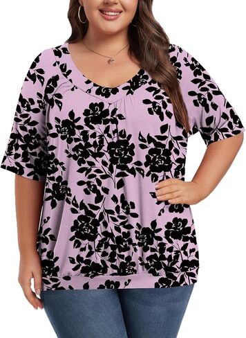 Women's Plus Size Tops Short Sleeve Shirts Pleated V Neck Loose Baggy Blouse in Kuwait