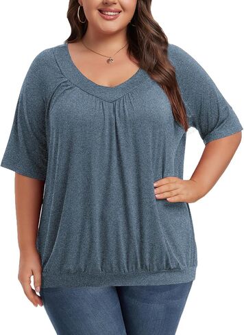 Women's Plus Size Tops Short Sleeve Shirts Pleated V Neck Loose Baggy Blouse in Saudi Arabia