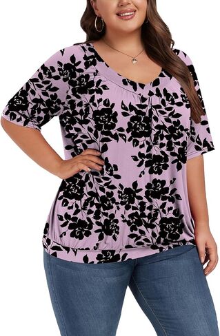 Women's Plus Size Tops Short Sleeve Shirts Pleated V Neck Loose Baggy Blouse in Kuwait