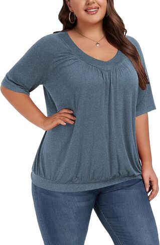 Women's Plus Size Tops Short Sleeve Shirts Pleated V Neck Loose Baggy Blouse in Saudi Arabia
