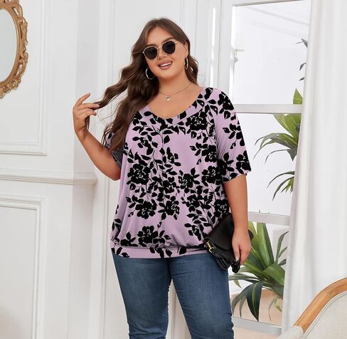 Women's Plus Size Tops Short Sleeve Shirts Pleated V Neck Loose Baggy Blouse in Kuwait