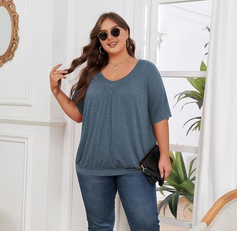 Women's Plus Size Tops Short Sleeve Shirts Pleated V Neck Loose Baggy Blouse in Saudi Arabia