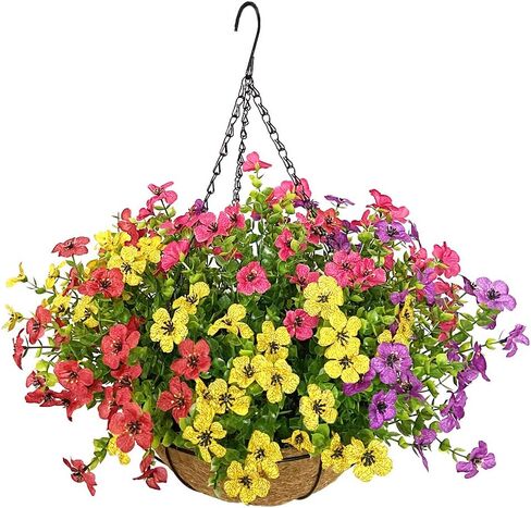 Artificial Flowers in Basket,Artificial Hanging Baskets with Flowers for Outdoor Indoor Courtyard Decor,12 inch Coconut Lining Basket for Patio Garden Porch Deck Decoration in Saudi Arabia