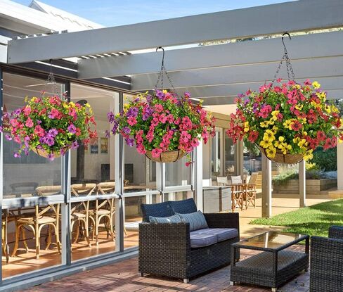 Artificial Flowers in Basket,Artificial Hanging Baskets with Flowers for Outdoor Indoor Courtyard Decor,12 inch Coconut Lining Basket for Patio Garden Porch Deck Decoration in Saudi Arabia