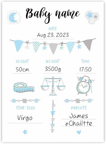 شهادة ميلاد بالمستشفى | هدية مولود جديد باللون الأزرق مقاس 8 × 11 بوصة، هدية التعميد، تفاصيل الميلاد، هدية شخصية للطفل للفتيات| 1 مجموعة-CSZ-016 in Kuwait