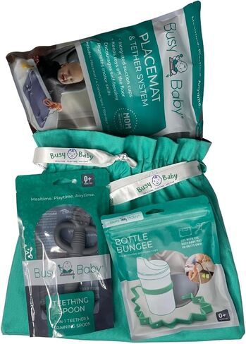 Busy Baby Gift Set - Silicone Placemat with Suction Cups, Bottle Bungee, Teething Spoon and 4 Universal Straps, Keeps Baby Essentials Like Bottles Within Reach & Off The Floor (Pewter) in Saudi Arabia