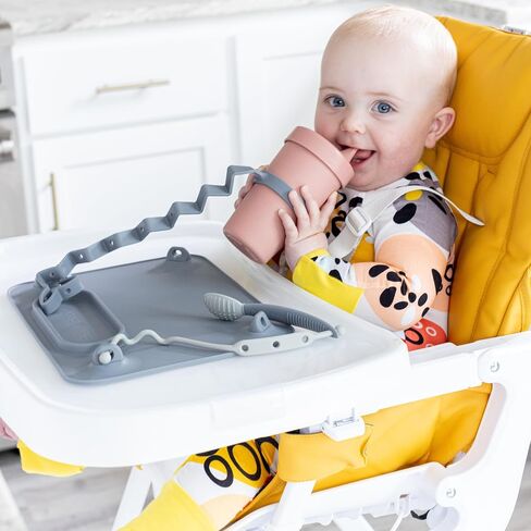 Busy Baby Gift Set - Silicone Placemat with Suction Cups, Bottle Bungee, Teething Spoon and 4 Universal Straps, Keeps Baby Essentials Like Bottles Within Reach & Off The Floor (Pewter) in Saudi Arabia