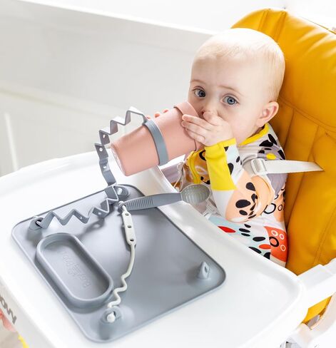 Busy Baby Gift Set - Silicone Placemat with Suction Cups, Bottle Bungee, Teething Spoon and 4 Universal Straps, Keeps Baby Essentials Like Bottles Within Reach & Off The Floor (Pewter) in Saudi Arabia