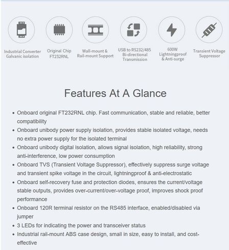 Industrial Isolated USB to RS232/485 Converter Adapter, Onboard Original FT232RNL Chip,Wall-Mount and Rail-Mount Support,Compatible with Linux, Android, Win11/10/8.1/8/7, etc. in Saudi Arabia